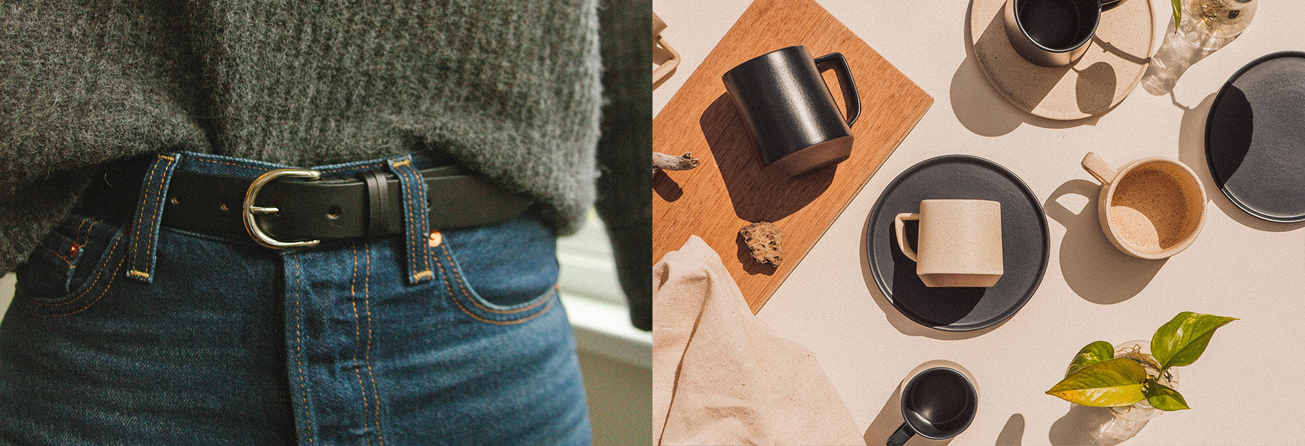 Cozy Valentine's essentials: textured knit, denim, and minimalist ceramic mugs in warm neutrals for intimate moments.