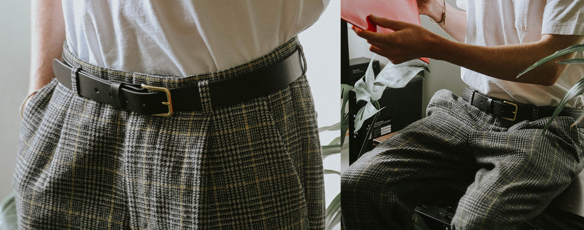 Lightweight plaid trousers with black belt, white tee—effortless, breathable style for relaxed urban days.