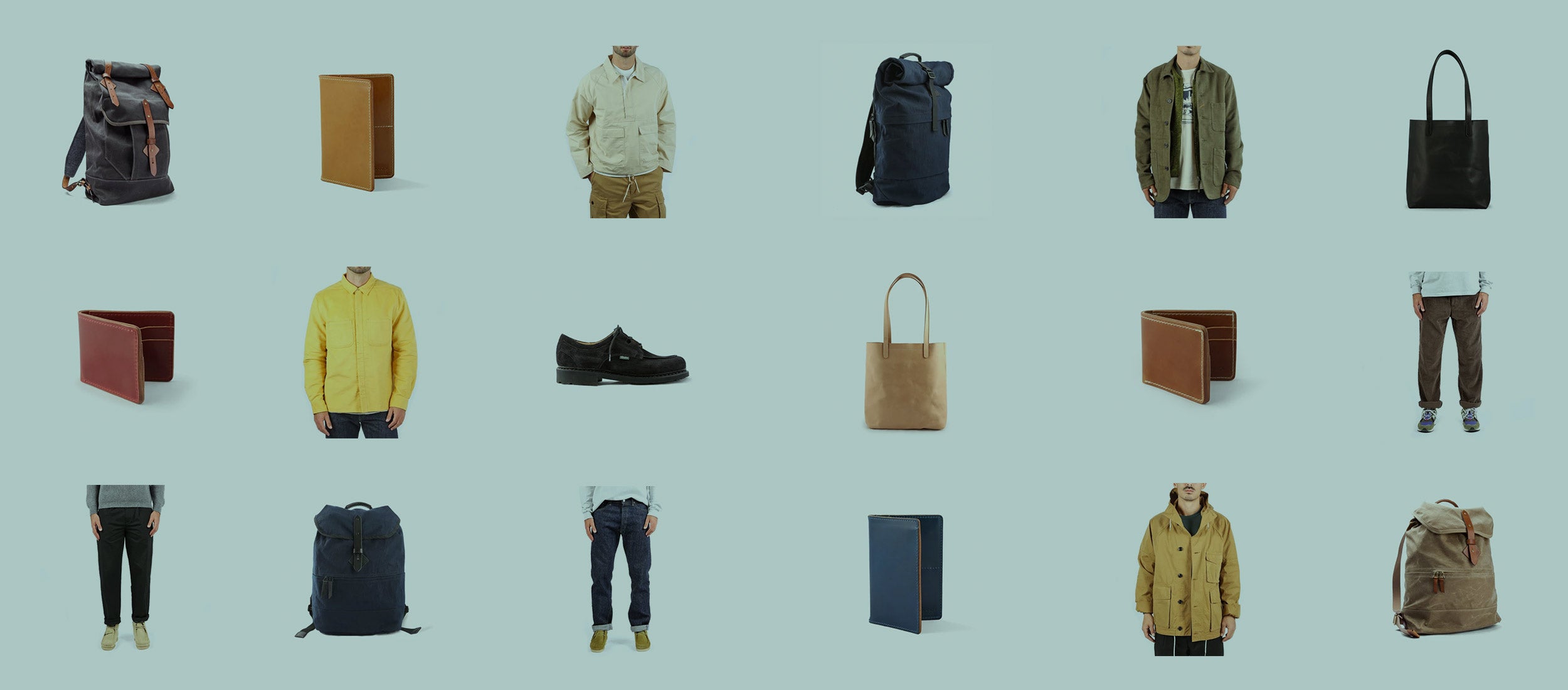 Premium men's essentials: rugged jackets, leather goods, durable bags, and classic footwear in earthy tones.