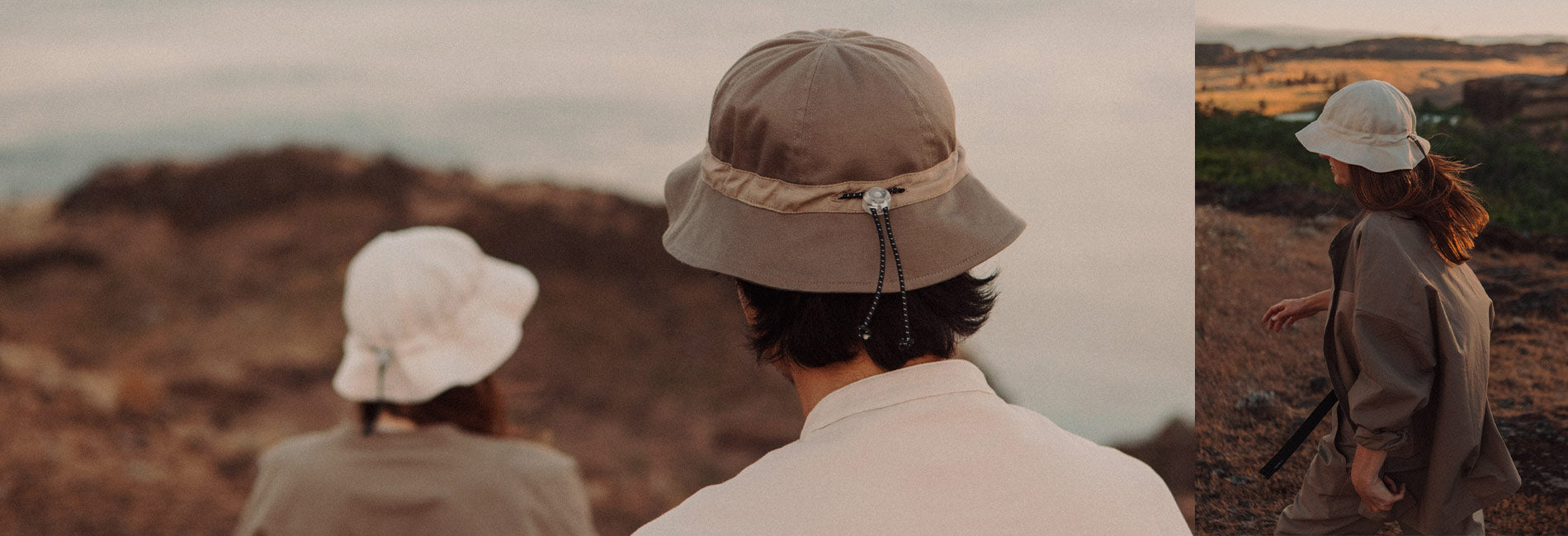 Earthy-toned bucket hats and utility wear in soft neutrals, styled for serene desert exploration at golden hour.