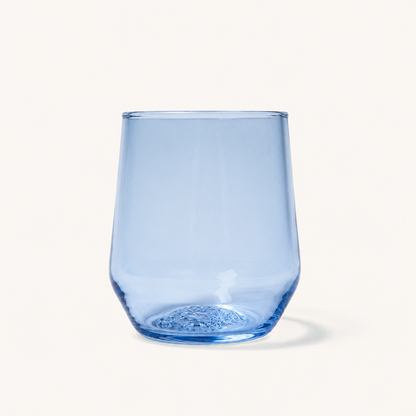 Light blue stemless wine glass with textured circular base, front view, clear glass material