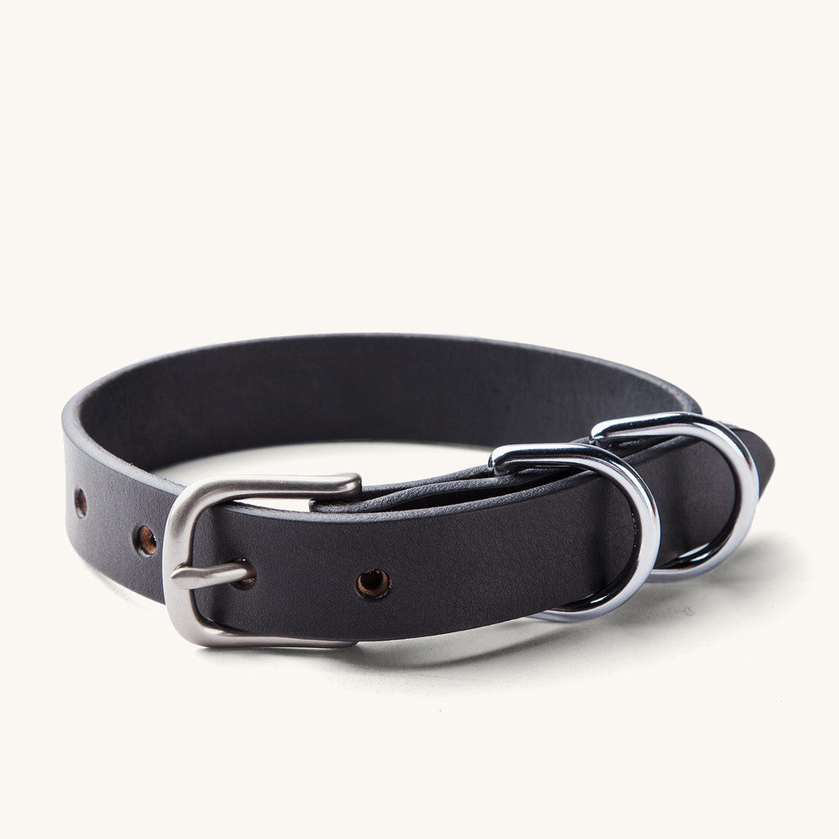 Black leather canine collar with a silver buckle and two D-rings, shown from an angled view.